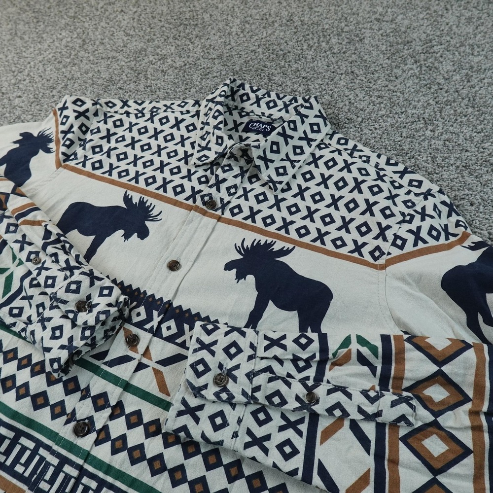 Chaps Shirt Mens L Moose‎ Southwestern Aztec Western Print Button Up Long Sleeve